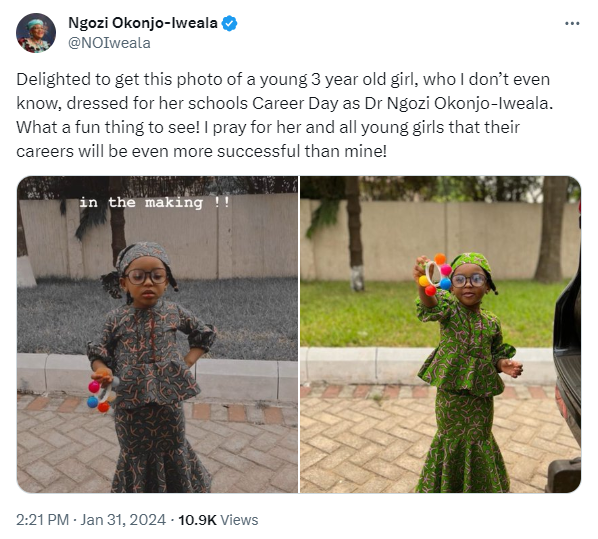 Ngozi Okonjo-Iweala celebrates 3-year-old girl who dressed like her to school (photos)