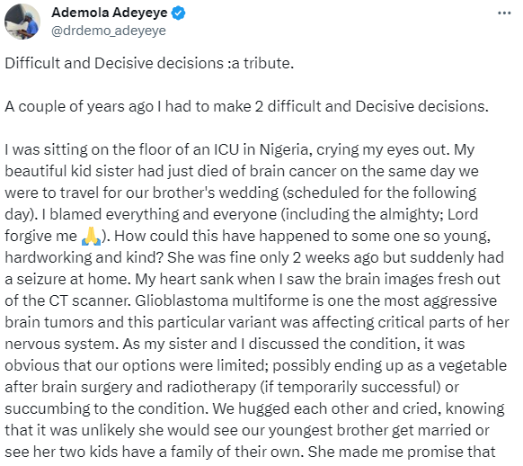 Nigerian doctor pays glowing tribute to his sister who died from brain tumor a day to their brother?s wedding