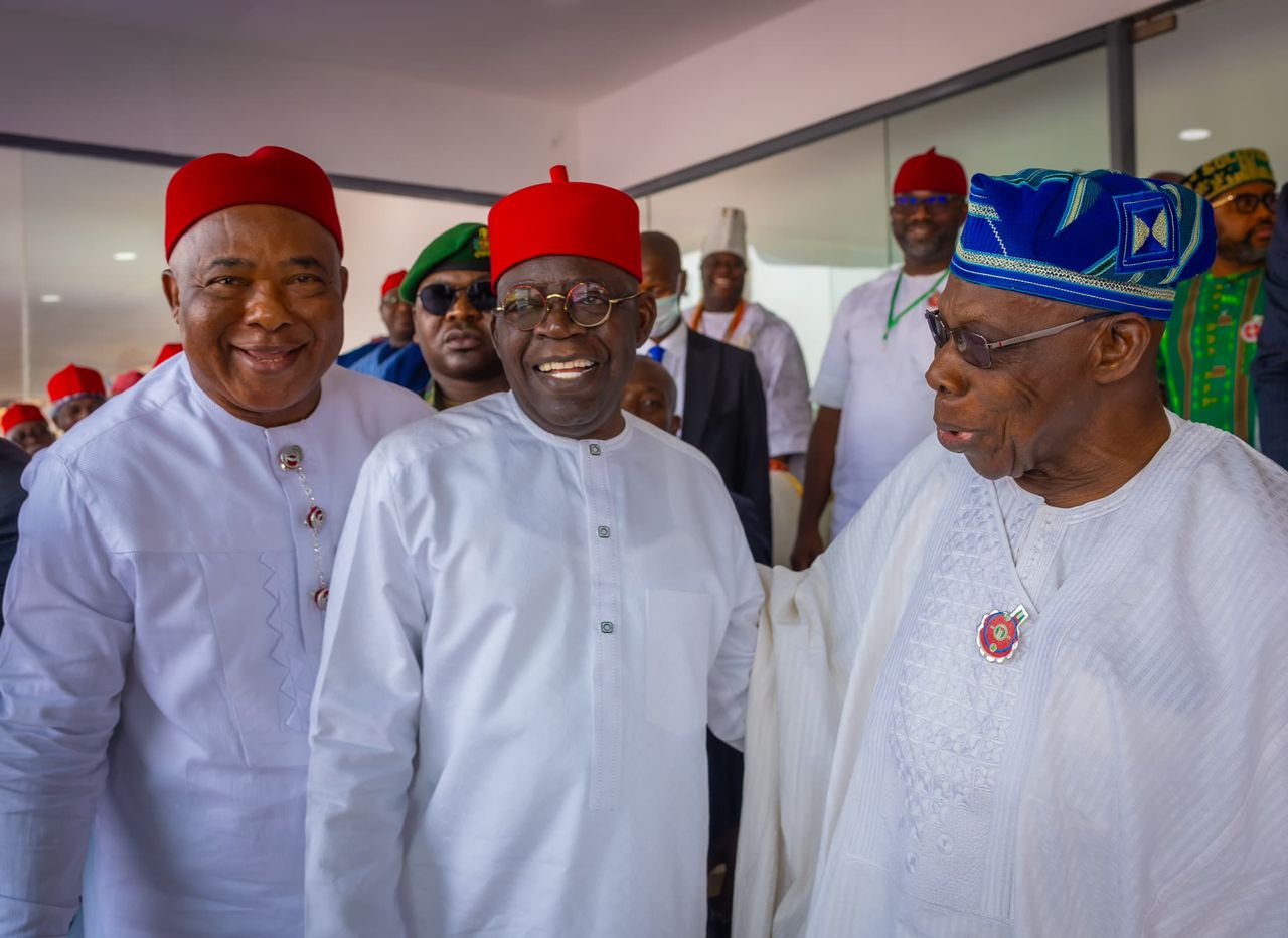 President Tinubu and former President Olusegun Obasanjo all smiles in Imo state (photos)
