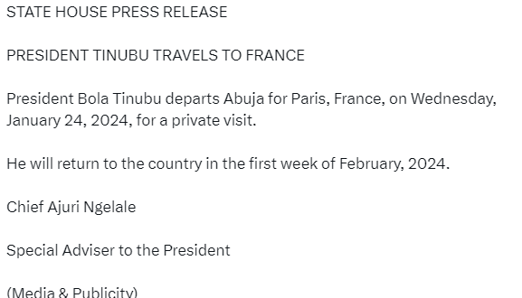 President Tinubu departs Nigeria for France on a private trip