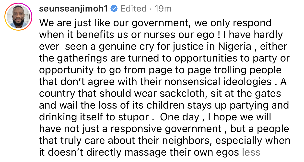 Serial clout chasers - Actor Sean Jimoh slams Nigerian youths for failing to demand justice for the children kidnapped in Abuja but were quick to begin Justice for Mohbad