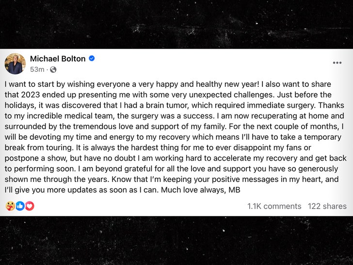 Singer Michael Bolton reveals he was diagnosed with a brain tumor and underwent a surgery