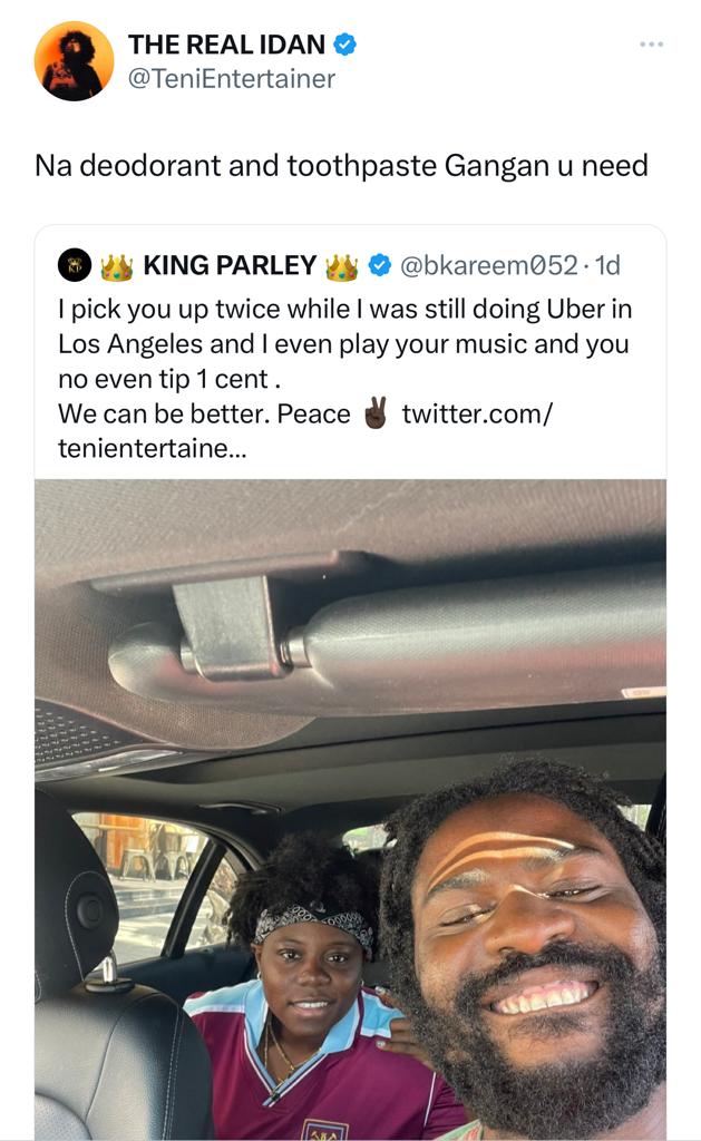 Singer Teni responds after a former Uber driver called her out for failing to tip him when he gave her a ride but gave money to woman who wakes up at 4.50am to cook for her husband