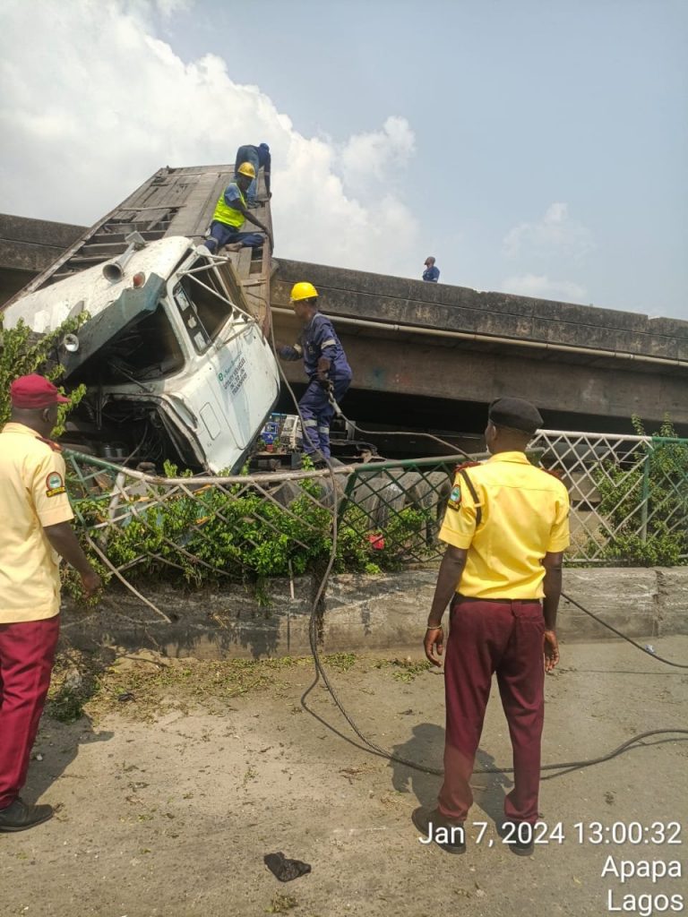 Truck falls off Apapa bridge