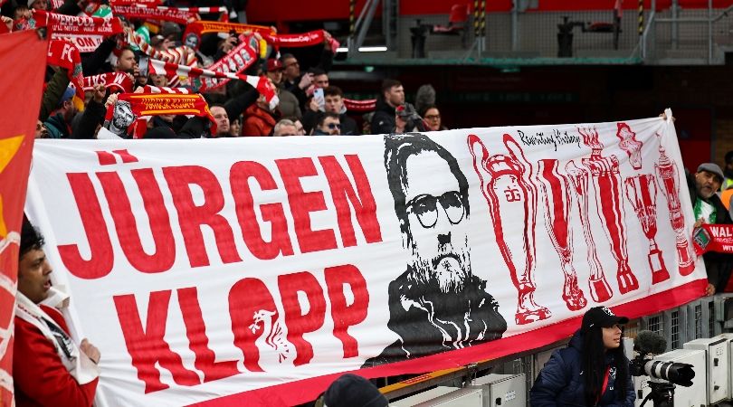 Liverpool fans hold up a banner dedicated to manager Jurgen Klopp ahead of the Reds
