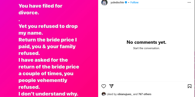 You filed for divorce but have refused to drop my name or return the bride price I paid - Yul Edochie continues dragging estranged first wife, May