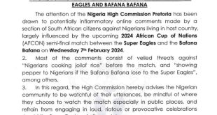 AFCON: Nigerian High Commission issues security advisories to Nigerians in South Africa ahead of Super Eagles and Bafana Bafana match