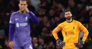 Virgil van Dijk and Alisson Becker look dejected after a mix-up costs Liverpool a goal against Arsenal in the Premier League in February 2024.