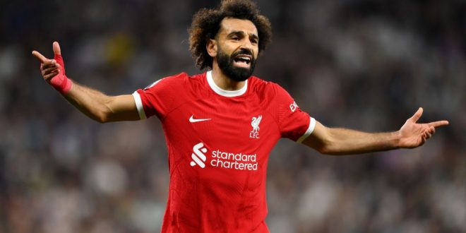 Mohamed Salah of Liverpool reacts during the Premier League match between Tottenham Hotspur and Liverpool FC at Tottenham Hotspur Stadium on September 30, 2023 in London, England.