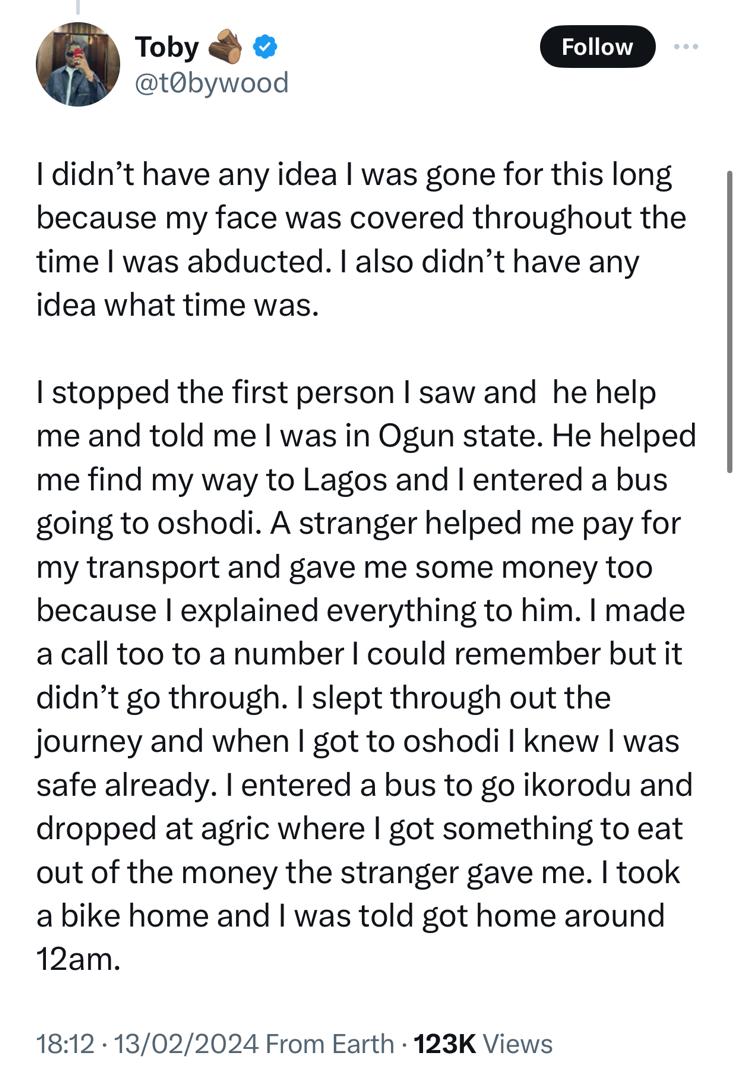 Man declared missing in Lagos recounts his ordeal in the hands of assailants who abducted him from Lagos to Ogun state