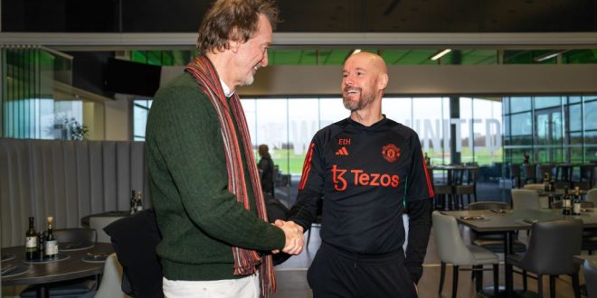 Manchester United co-owner Sir Jim Ratcliffe of INEOS meets Manager Erik Ten Hag in the staff restaurant at Carrington Training Complex on January 03, 2024 in Manchester, England.