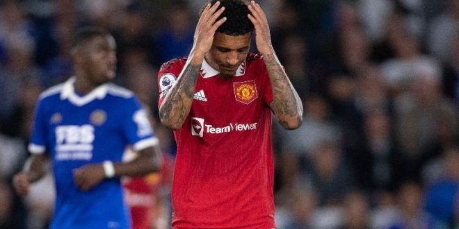 Manchester United star Jadon Sancho looking dejected in a game against Leicester in 2022.