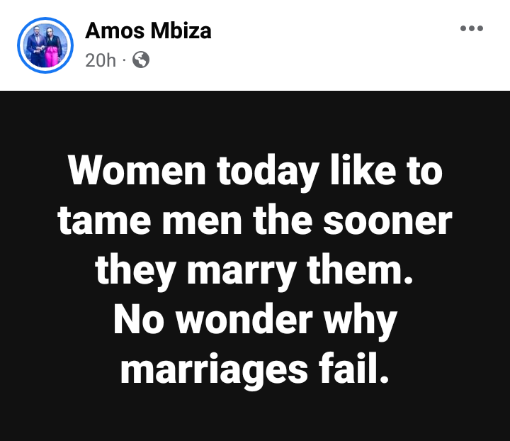 Marriages fail because men treat their wives like maids while women treat their husbands like servants - South African pastor says