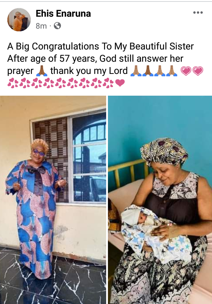 Nigerian lady celebrates as her sister gives birth at age 57