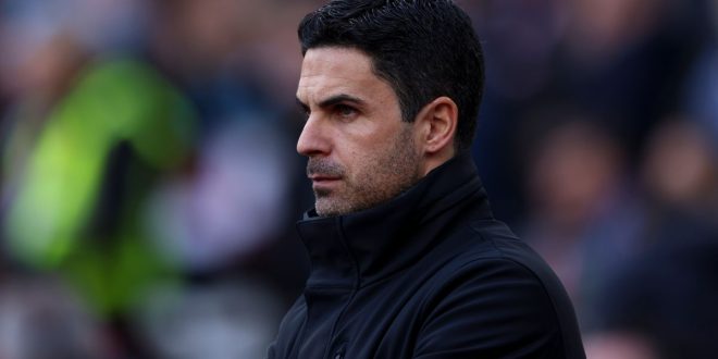 Mikel Arteta is managing Arsenal during the Premier League match between West Ham United and Arsenal at the London Stadium in Stratford, on February 11, 2024. (Photo by MI News/NurPhoto via Getty Images)