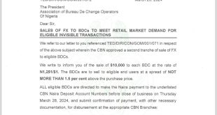 CBN sells forex to BDCs at N1,251/$1