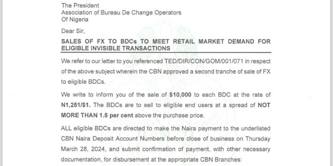 CBN sells forex to BDCs at N1,251/$1