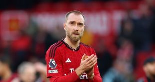 Christian Eriksen of Manchester United applauds the fans following the team’s defeat during the Premier League match between Manchester United and Fulham FC at Old Trafford on February 24, 2024