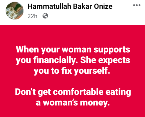 Don?t get comfortable with the situation. Fix yourself - Nigerian lady tells men who get financial support from their women