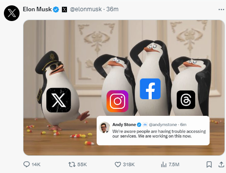 Elon Musk gloats over Facebook, Instagram and Meta outage in post on X