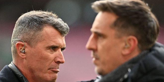 Roy Keane and Gary Neville working on television for the Carabao Cup final between Manchester United and Newcastle in February 2023.