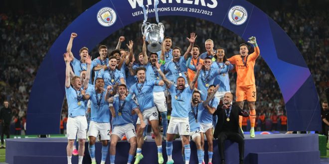 Manchester City celebrate their UEFA Champions League success in 2023.