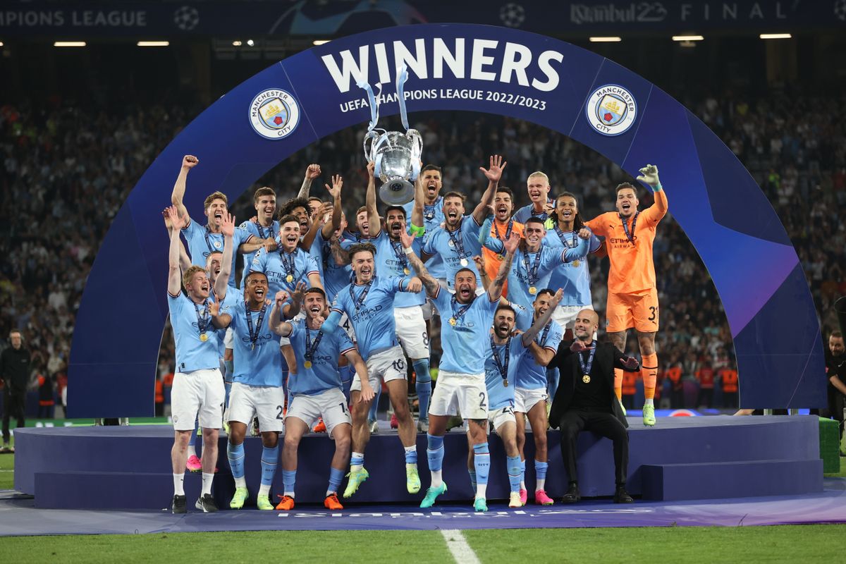 Manchester City celebrate their UEFA Champions League success in 2023.