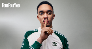 Trent Alexander-Arnold puts his fingers to his lips during a photoshoot for FourFourTwo magazine