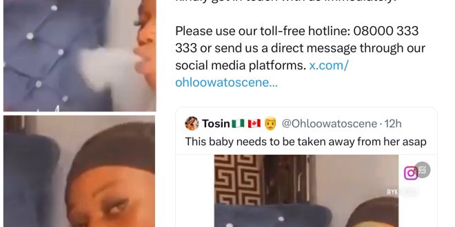 Lagos State Domestic and Sexual Violence Agency seeks help in locating young lady filmed smoking Shisha and puffing on her baby