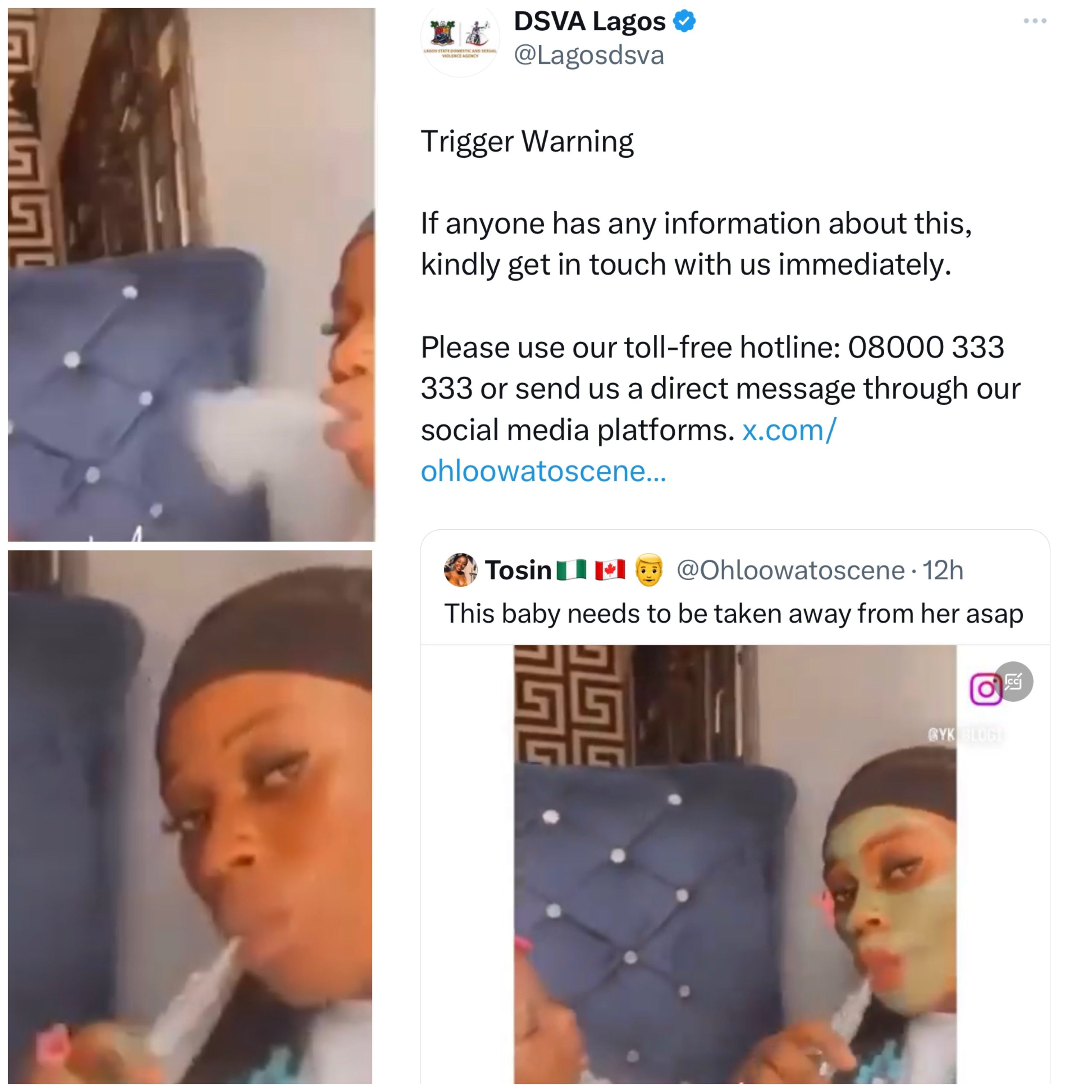 Lagos State Domestic and Sexual Violence Agency seeks help in locating young lady filmed smoking Shisha and puffing on her baby