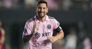 Lionel Messi celebrates a goal for Inter Miami