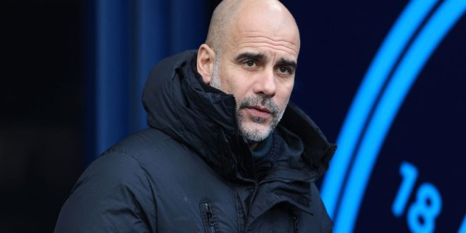 Manchester City manager Pep Guardiola looks on during the Emirates FA Cup Third Round match between Manchester City and Huddersfield Town at Etihad Stadium on January 7, 2024 in Manchester, England. (Photo by Simon Stacpoole/Offside/Offside via Getty Images)