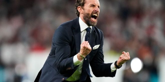 Alleged Manchester United target Gareth Southgate celebrates England reaching the final of Euro 2020