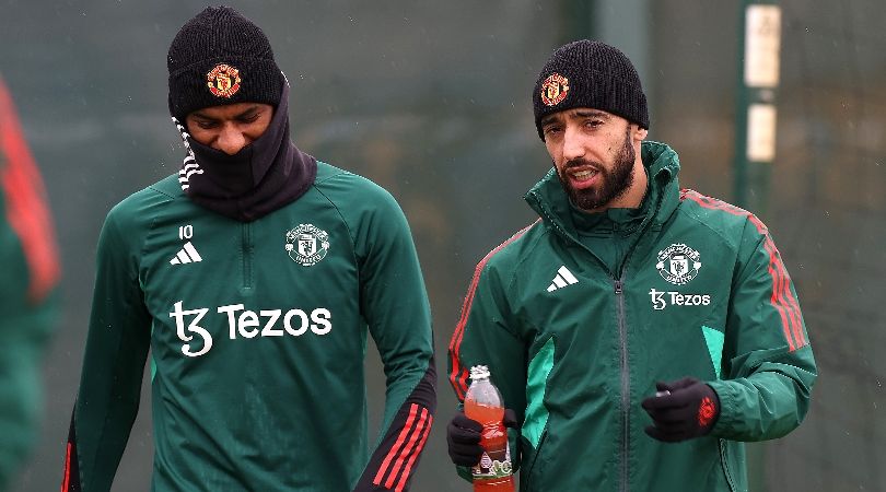 Marcus Rashford and Bruno Fernandes in Manchester United training in February 2024.