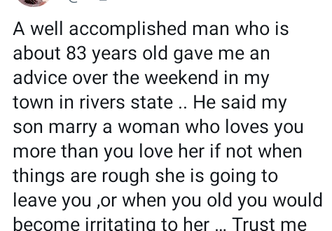 "Marry a woman who loves you more than you love her if not when things are rough she will leave you" - Nigerian lawyer shares advice he received from an elderly man