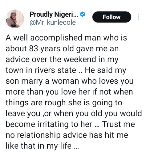 "Marry a woman who loves you more than you love her if not when things are rough she will leave you" - Nigerian lawyer shares advice he received from an elderly man