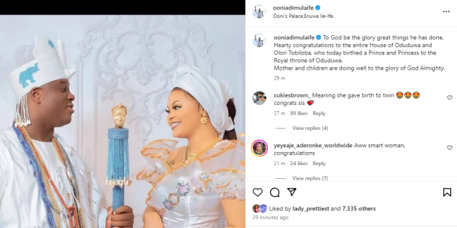 Ooni of Ife and third wife, Olori Tobi Phillips, welcome set of twins