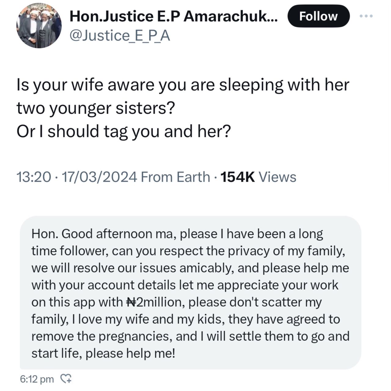 Please don?t scatter my marriage - Married man bribe?s lawyer with N2 million after she threatened to expose him for impregnating his wife?s sisters