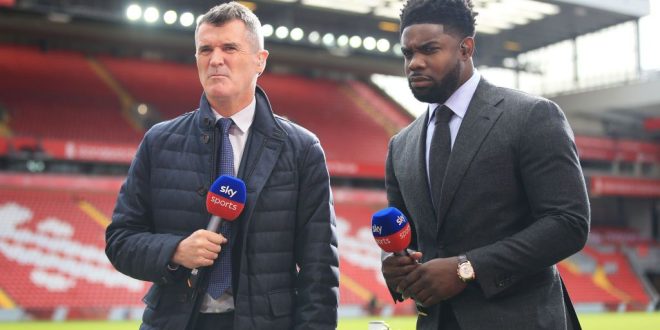Sky Sports television pundits Roy Keane (L) and Micah Richards look on before the Premier League match between Liverpool and Manchester City at Anfield on October 3, 2021 in Liverpool, England. (Photo by Simon Stacpoole/Offside/Offside via Getty Images)