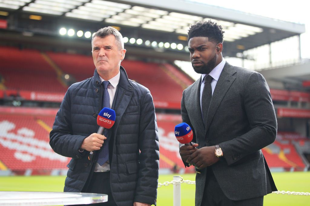 Sky Sports television pundits Roy Keane (L) and Micah Richards look on before the Premier League match between Liverpool and Manchester City at Anfield on October 3, 2021 in Liverpool, England. (Photo by Simon Stacpoole/Offside/Offside via Getty Images)