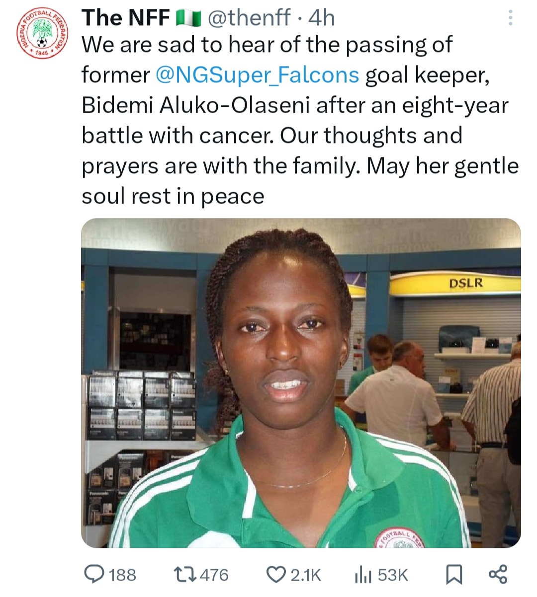 Super Falcons ex-goalkeeper, Bidemi Aluko-Olaseni, dies after cancer battle