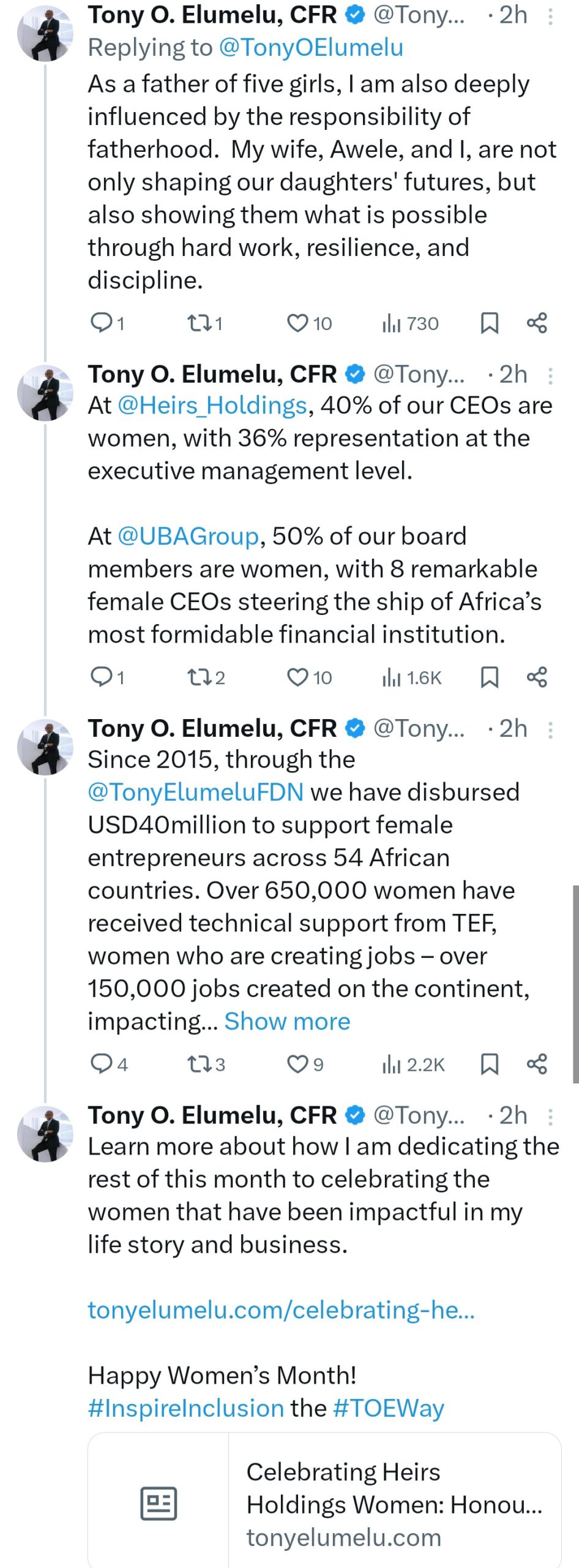 Tony Elumelu acknowledges the impact women have made in his life as he details how he is dedicating the rest of month to celebrating and empowering women