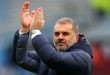 Tottenham manager Ange Postecoglou applauds the fans after his side
