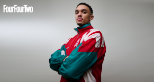 Trent Alexander-Arnold at his cover shoot for FourFourTwo magazine wearing a retro Liverpool FC Adidas tracksuit shell suit from 1994 supplied by Classic Football Shirts