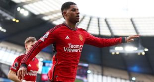 Marcus Rashford celebrates after scoring for Manchester United against Manchester City in the Premier League in March 2024.