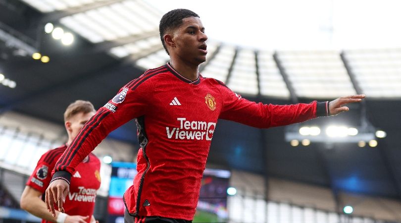 Marcus Rashford celebrates after scoring for Manchester United against Manchester City in the Premier League in March 2024.