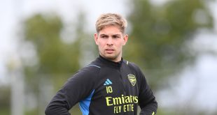 Arsenal star Emile Smith Rowe during a training session at London Colney on October 20, 2023 in St Albans, England.