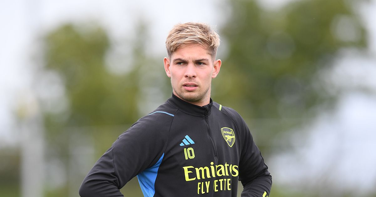 Arsenal star Emile Smith Rowe during a training session at London Colney on October 20, 2023 in St Albans, England.