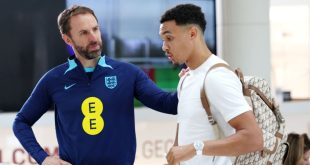 Gareth Southgate, Manager of England, greets Trent Alexander-Arnold of England as he arrives at St George
