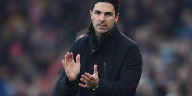 Mikel Arteta, Manager of Arsenal, reacts during the Premier League match between Arsenal FC and Wolverhampton Wanderers at Emirates Stadium on December 02, 2023 in London, England. (Photo by Justin Setterfield/Getty Images)
